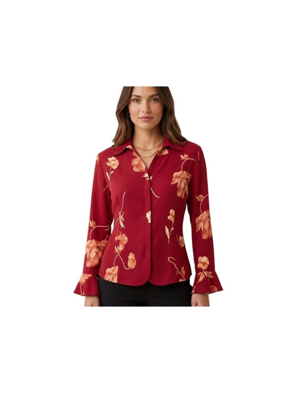 Womens Blouse Floral Red Sz L Long Sleeve Button Down Casual Office Cottagecore